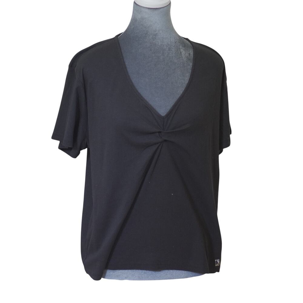 Calvin Klein Black Twist Front V-Neck Top Women's XL Short Sleeve Knit Tee